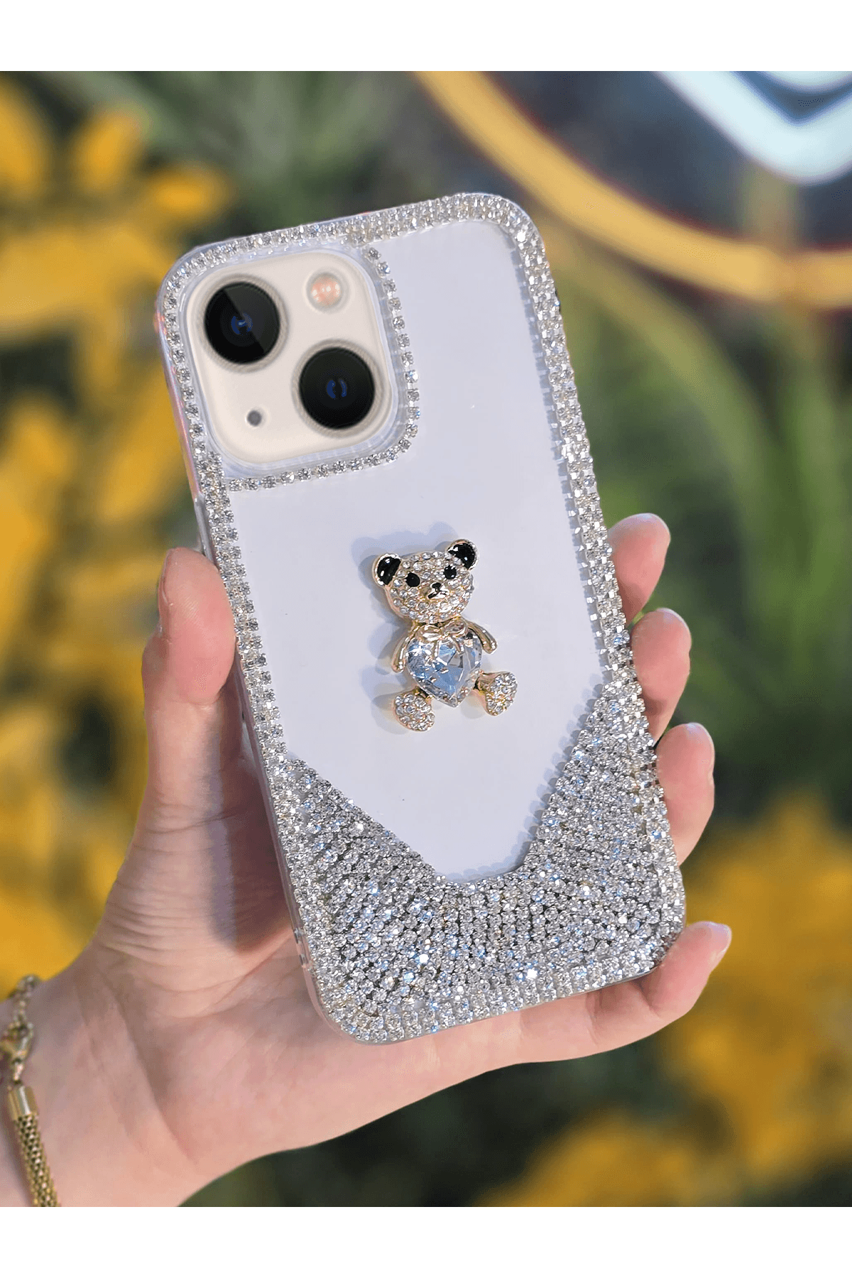 3D Karakter Taşlı Şeffaf Premium Telefon Kılıfı Beyaz Ayı
