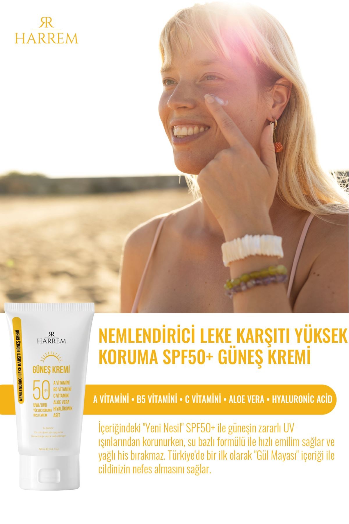 Leke Karşıtı Aydınlatıcı & SPF50+ Yüksek Koruma, Gül Mayası Özlü, Nemlendirici Güneş Kremi 50ml