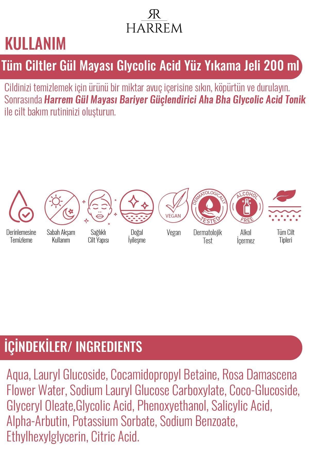 Rose Series Tüm Ciltler Gül Mayası Glycolic Acid Hassas Yüz Yıkama Jeli 200 Ml