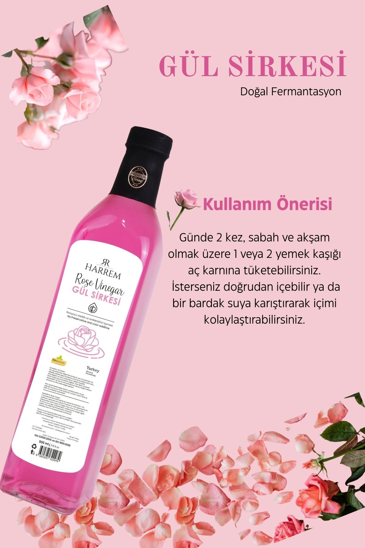 Gül Sirkesi Doğal Fermantasyon 500ml Cam Şişe