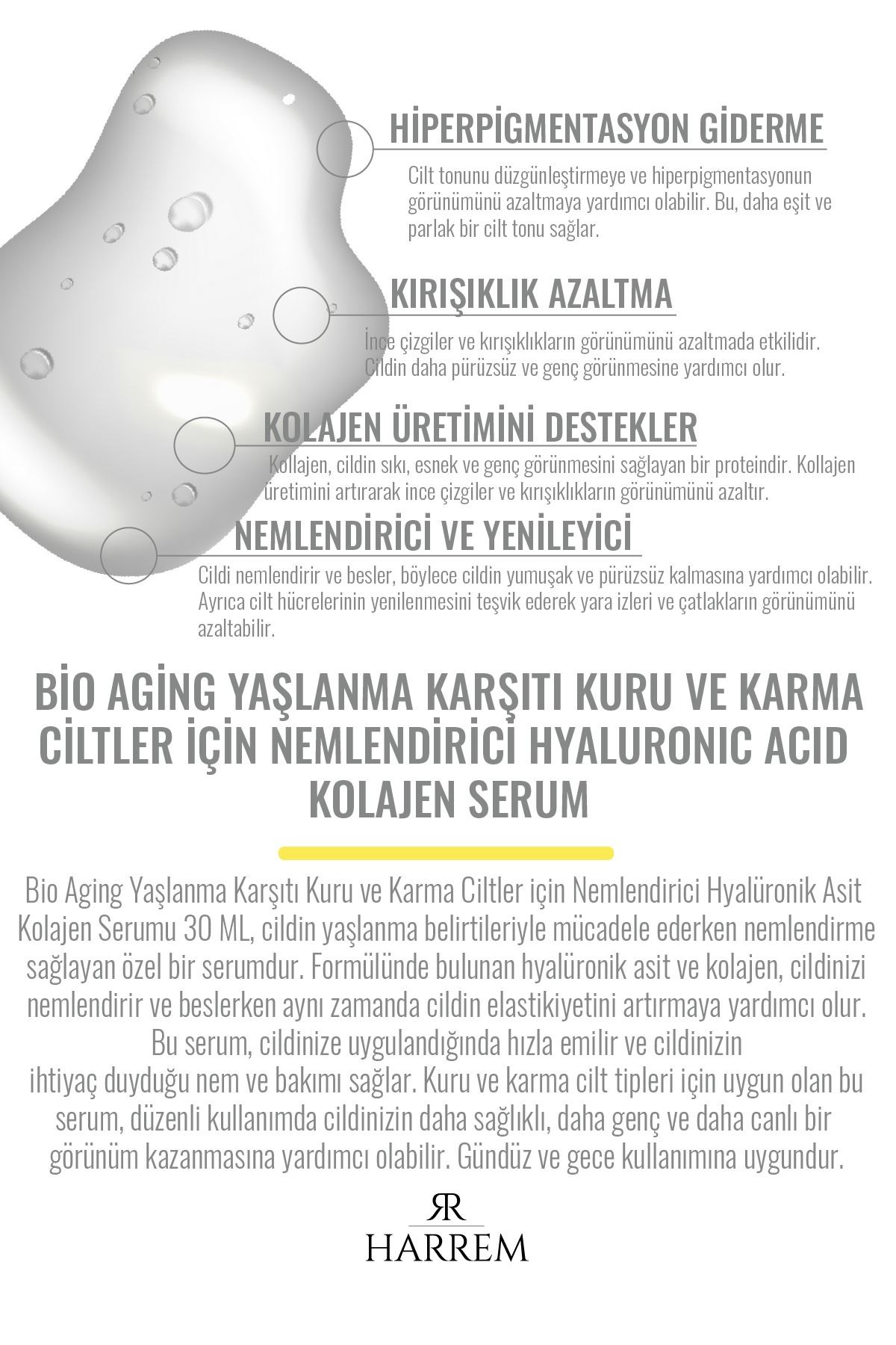 Bio Aging Yaşlanma Karşıtı Kuru ve Karma Ciltler için Nemlendirici Hyalüronik Asit Kolajen Serum 30 ML