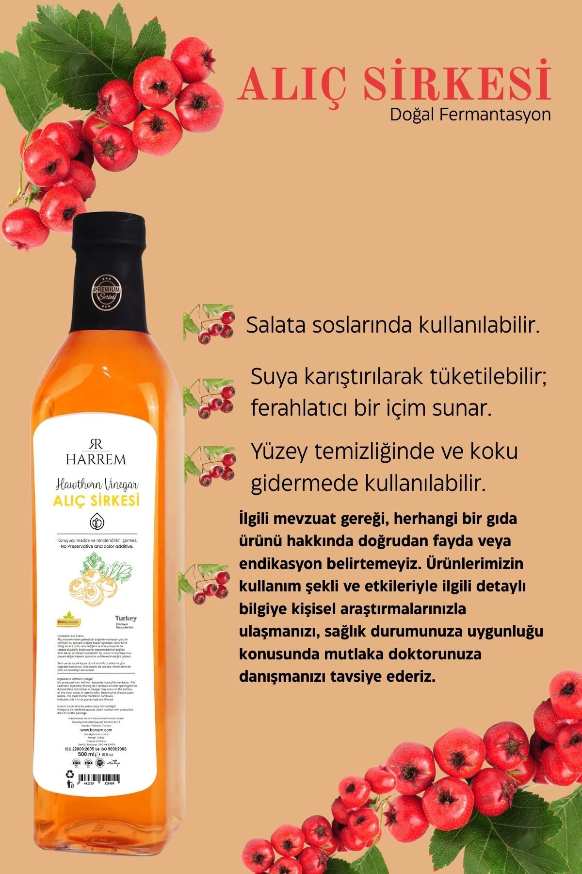 Alıç Sirkesi Doğal Fermantasyon 500ml Cam Şişe