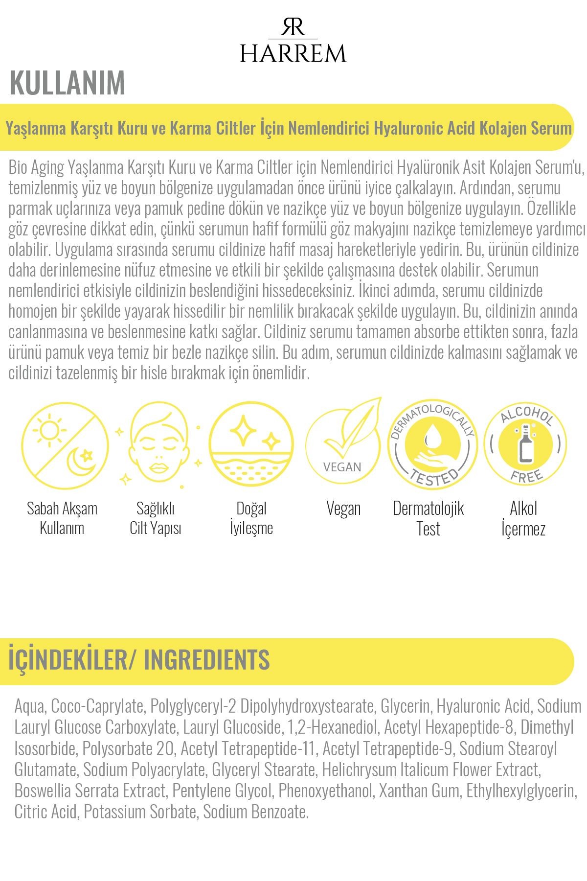 Bio Aging Yaşlanma Karşıtı Kuru ve Karma Ciltler için Nemlendirici Hyalüronik Asit Kolajen Serum 30 ML