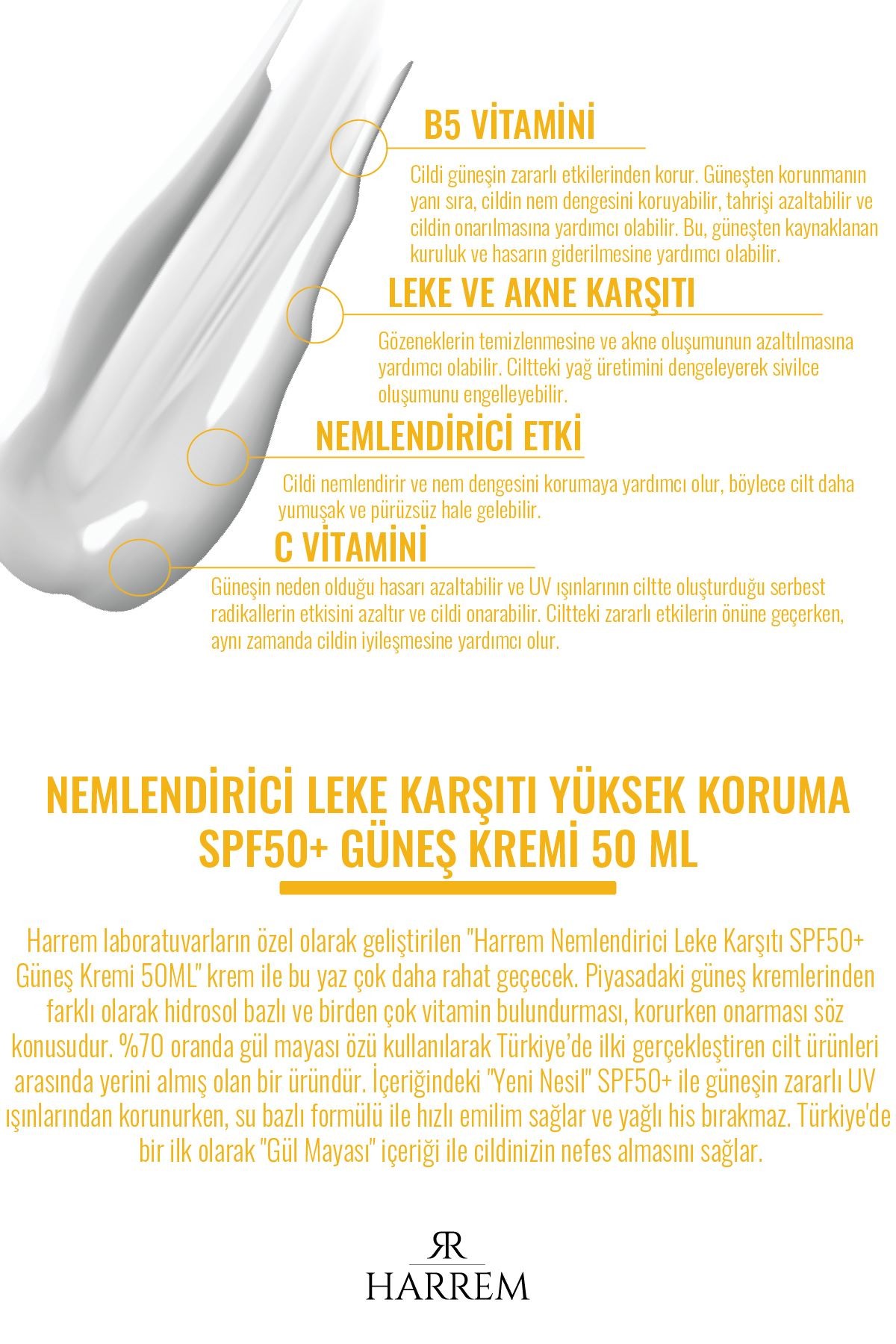 Leke Karşıtı Aydınlatıcı & SPF50+ Yüksek Koruma, Gül Mayası Özlü, Nemlendirici Güneş Kremi 50ml