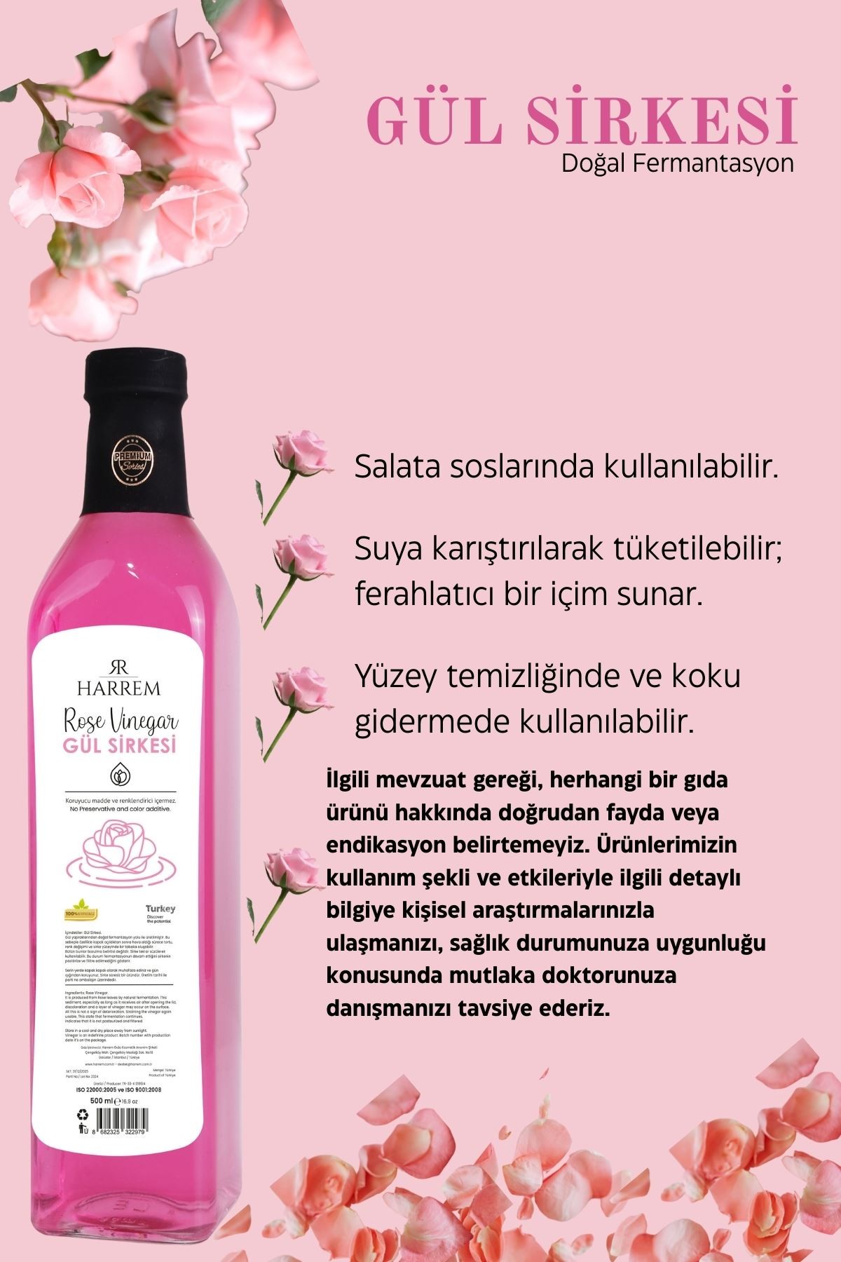 Gül Sirkesi Doğal Fermantasyon 500ml Cam Şişe