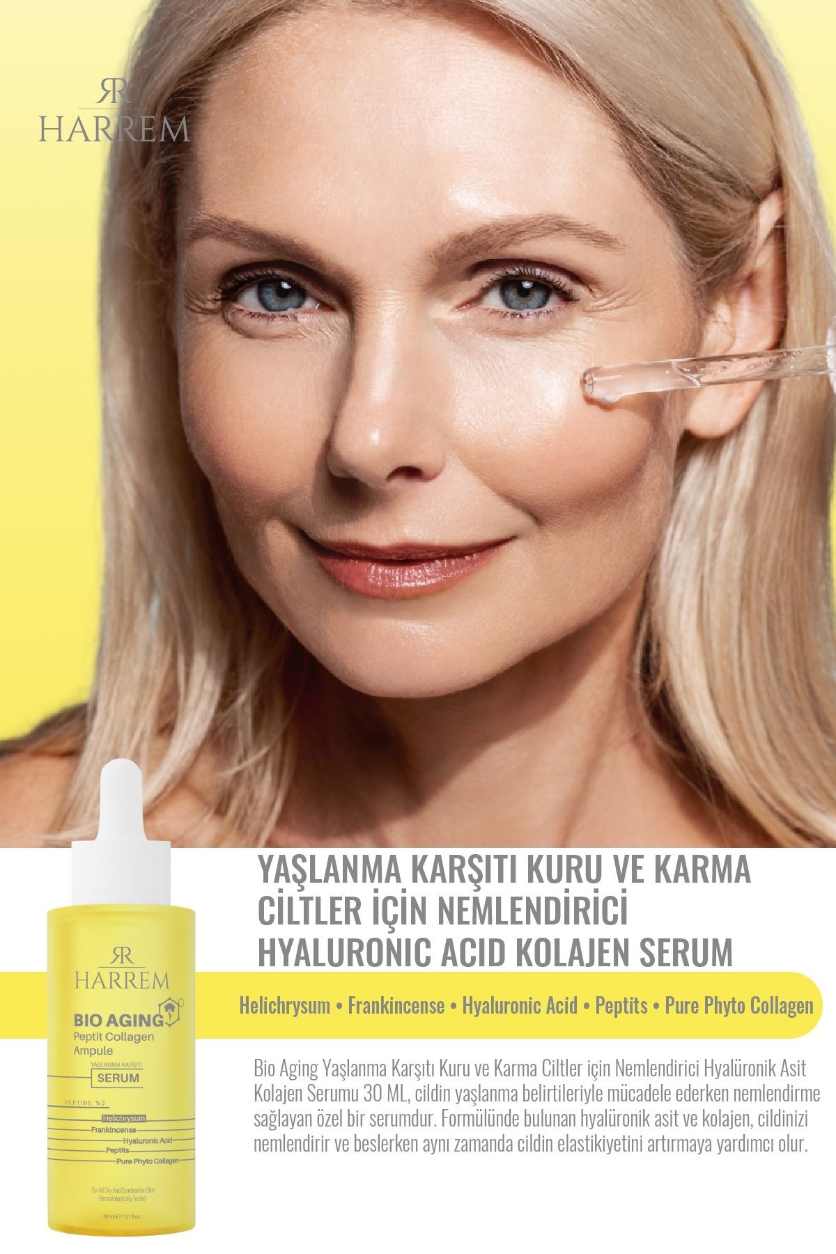 Bio Aging Yaşlanma Karşıtı Kuru ve Karma Ciltler için Nemlendirici Hyalüronik Asit Kolajen Serum 30 ML
