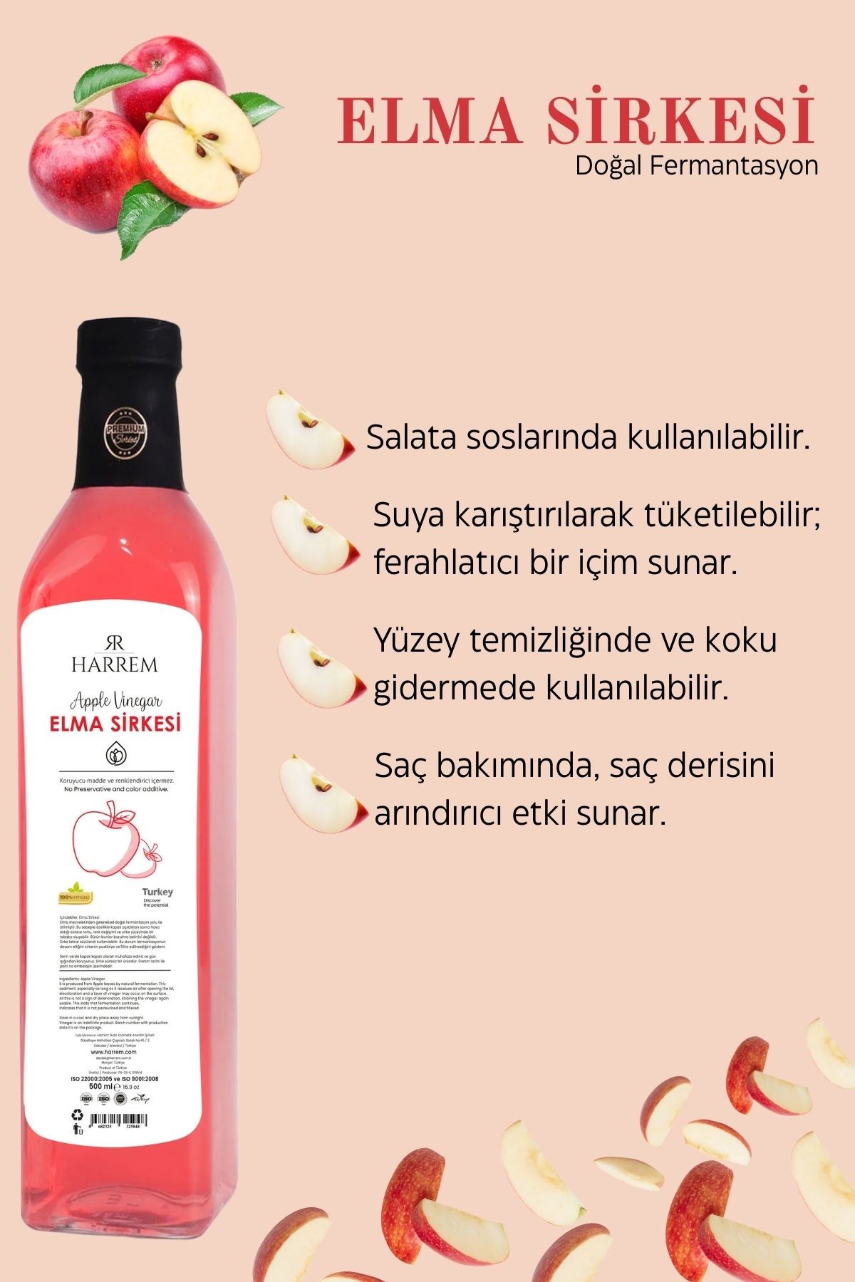 Elma Sirkesi Doğal Fermantasyon 500ml Cam Şişe