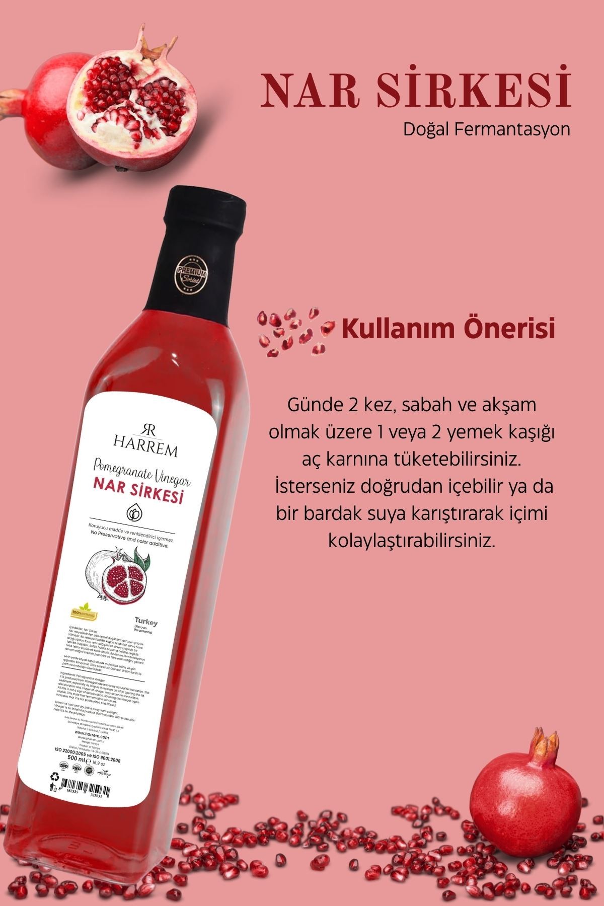 Nar Sirkesi Doğal Fermantasyon 500ml Cam Şişe