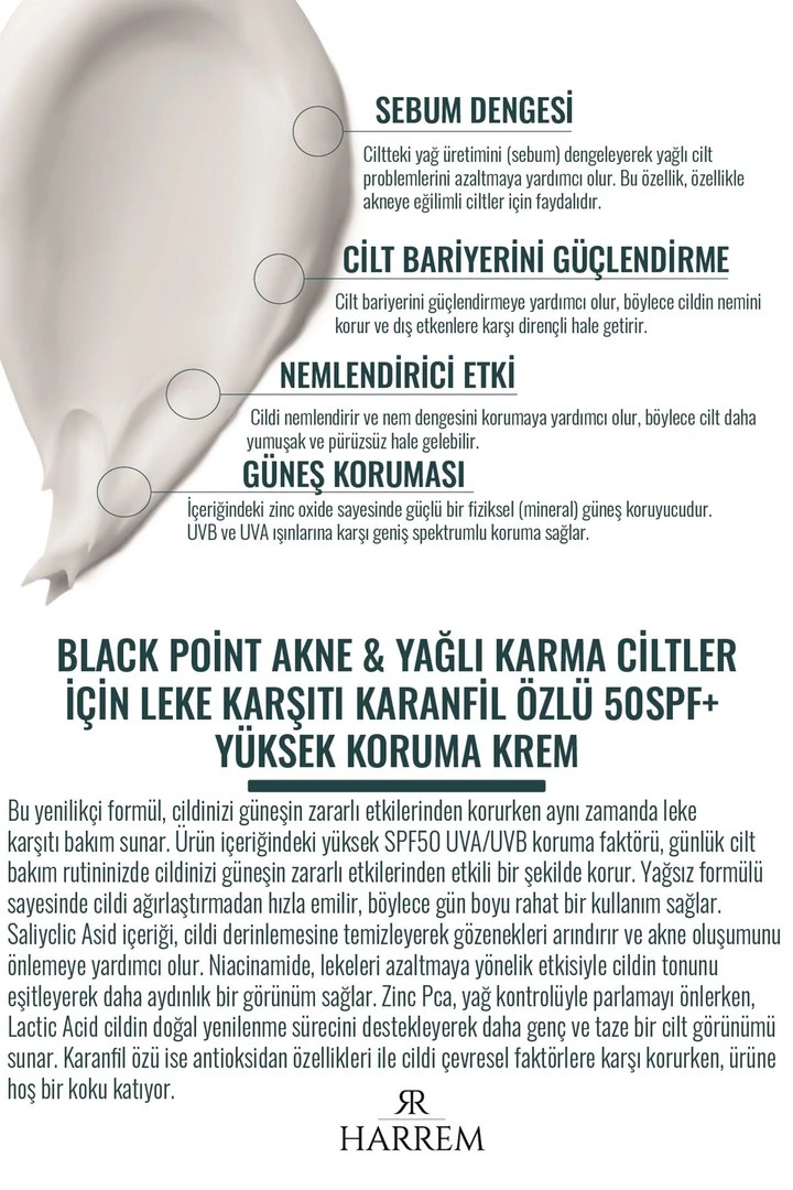 Akneli&Yağlı Ciltler Leke Karşıtı Yüksek Koruyucu Yağsız SPF50 UVA/UVB Güneş Kremi 50 Ml Black P.int