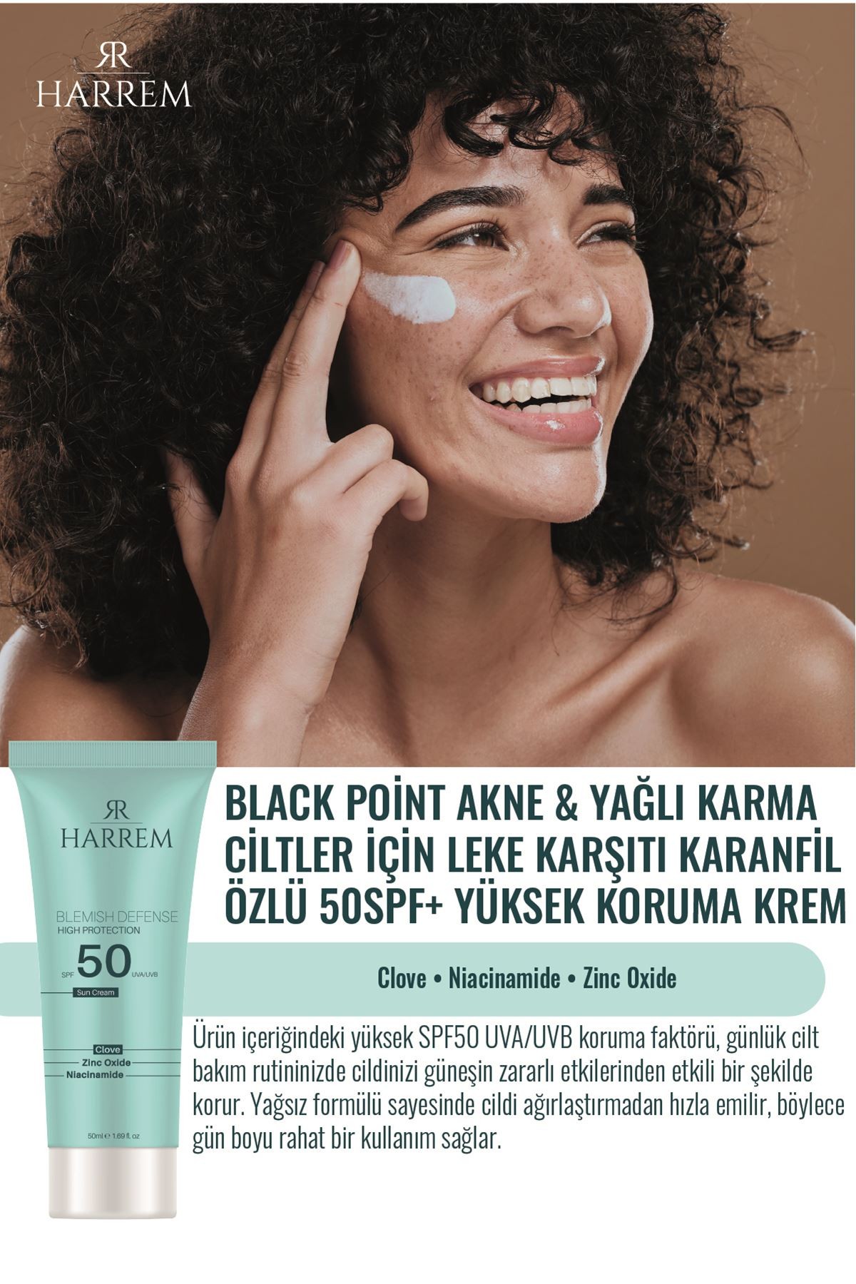 Akneli&Yağlı Ciltler Leke Karşıtı Yüksek Koruyucu Yağsız SPF50 UVA/UVB Güneş Kremi 50 Ml Black P.int