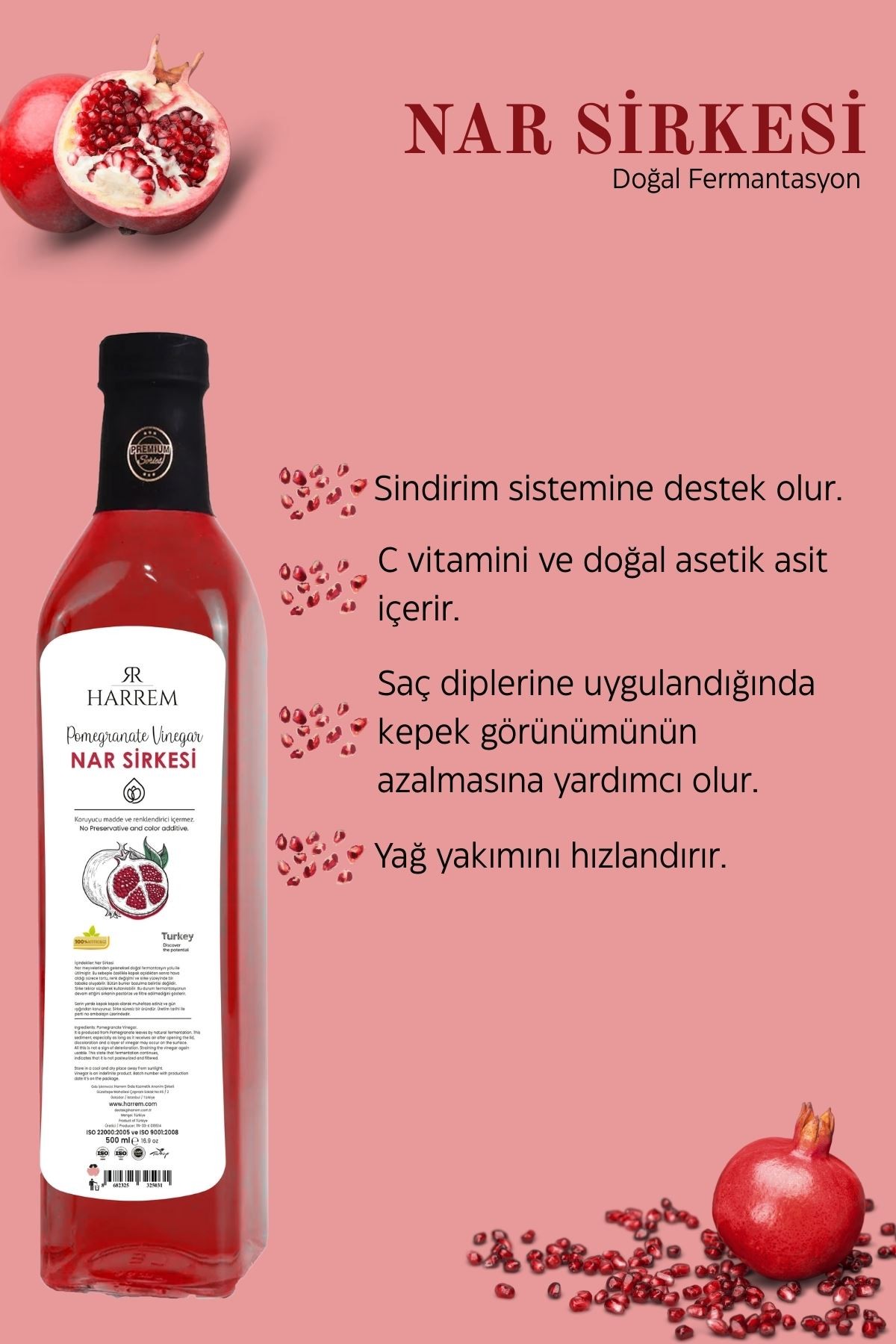 Nar Sirkesi Doğal Fermantasyon 500ml Cam Şişe