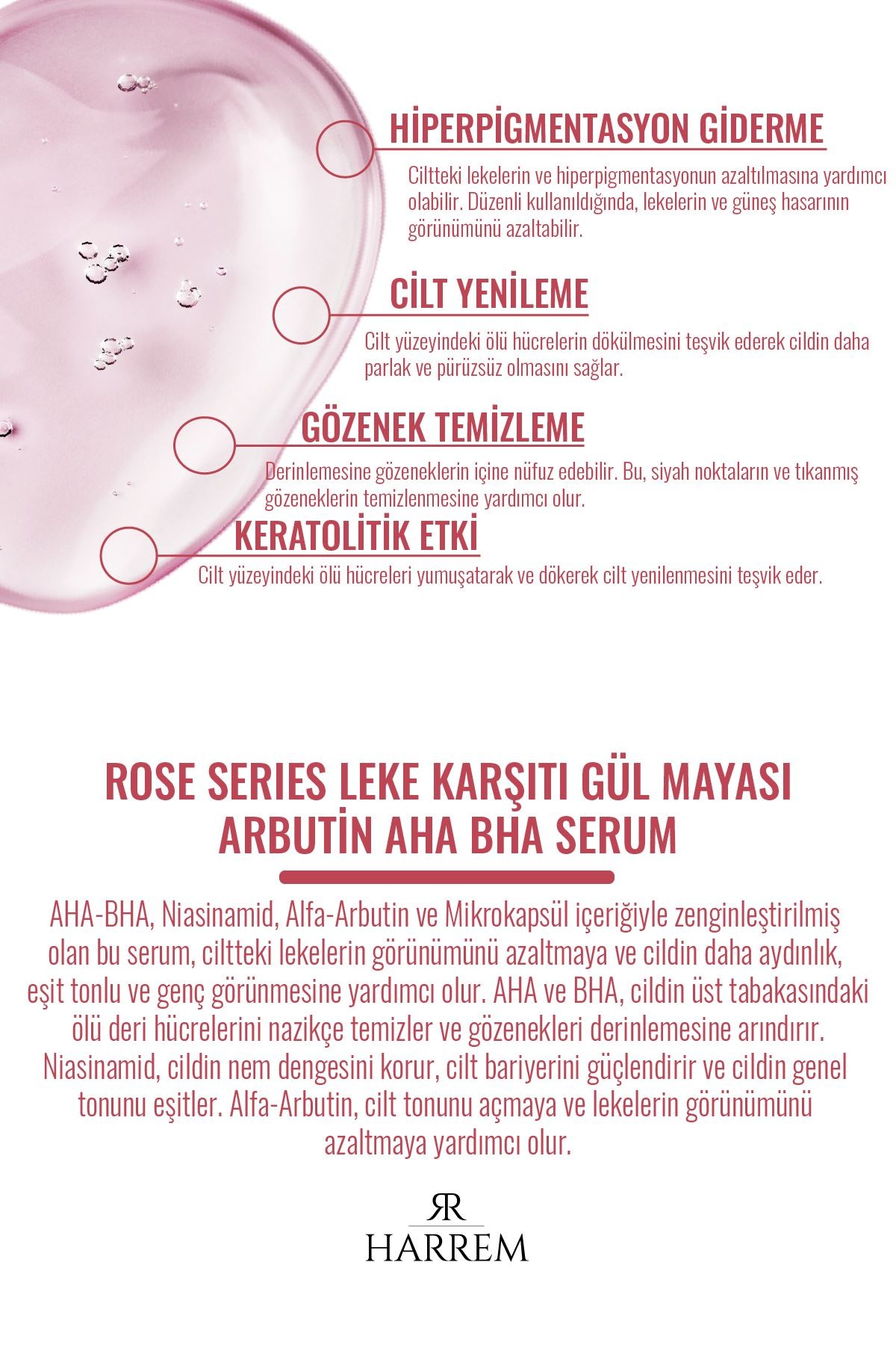 Rose Series Leke Karşıtı Gül Mayası Arbutin Aha Bha Serum 30 ML