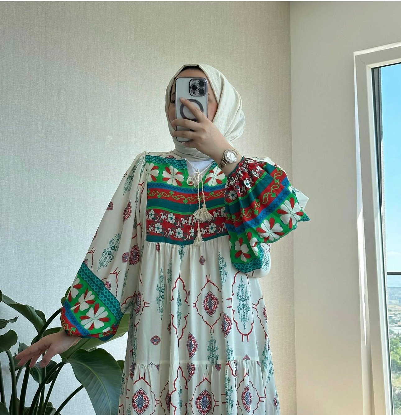 VİSKON KREM YEŞİL ELBİSE
