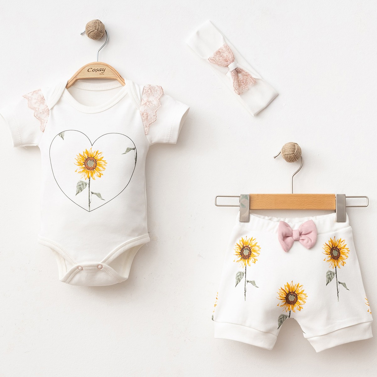 COŞAY BEBE KIZ 6-9-12 AY AYÇİÇEĞİ BASKI 3LÜ TAKIM KREM