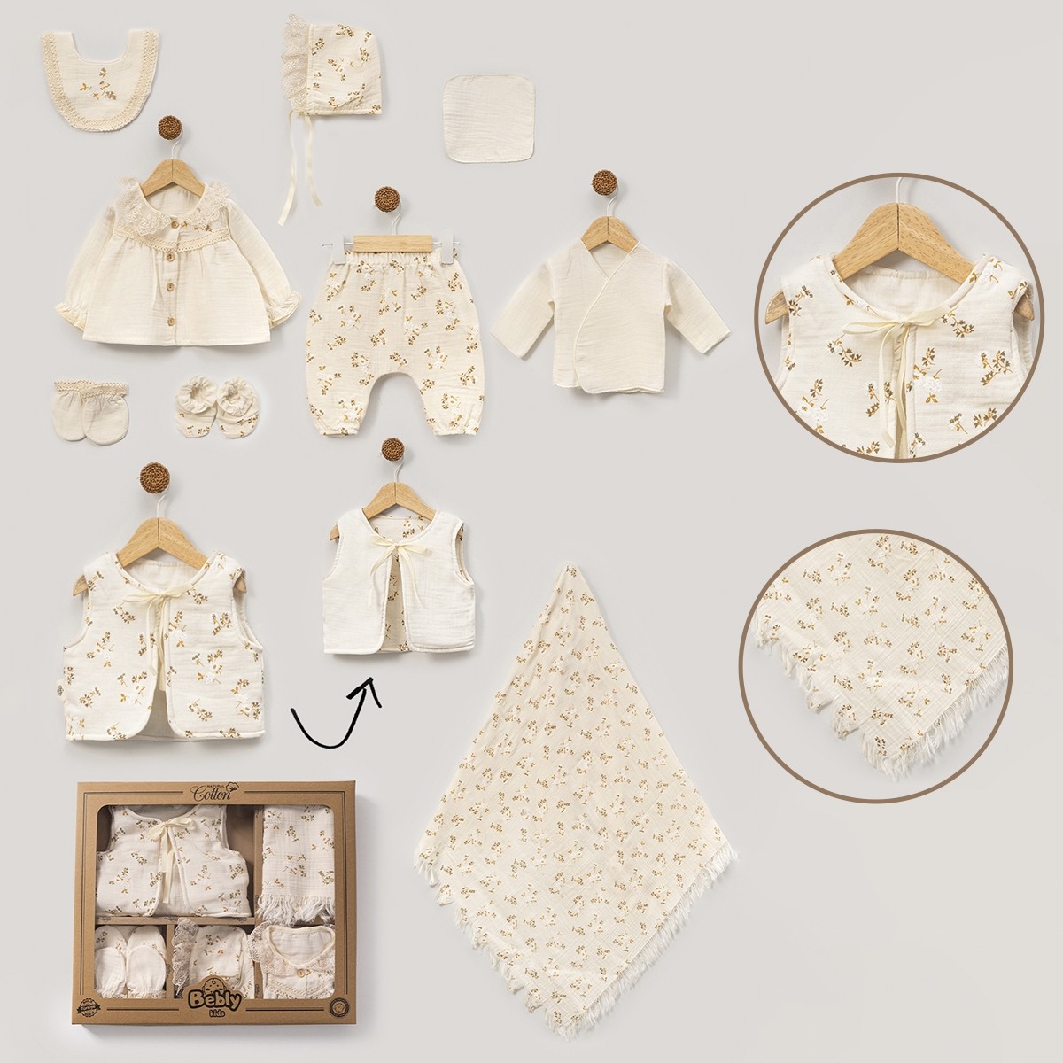 KIZ 3 AY ÇİÇEK KABARTMA MÜSLİN 10LU SET