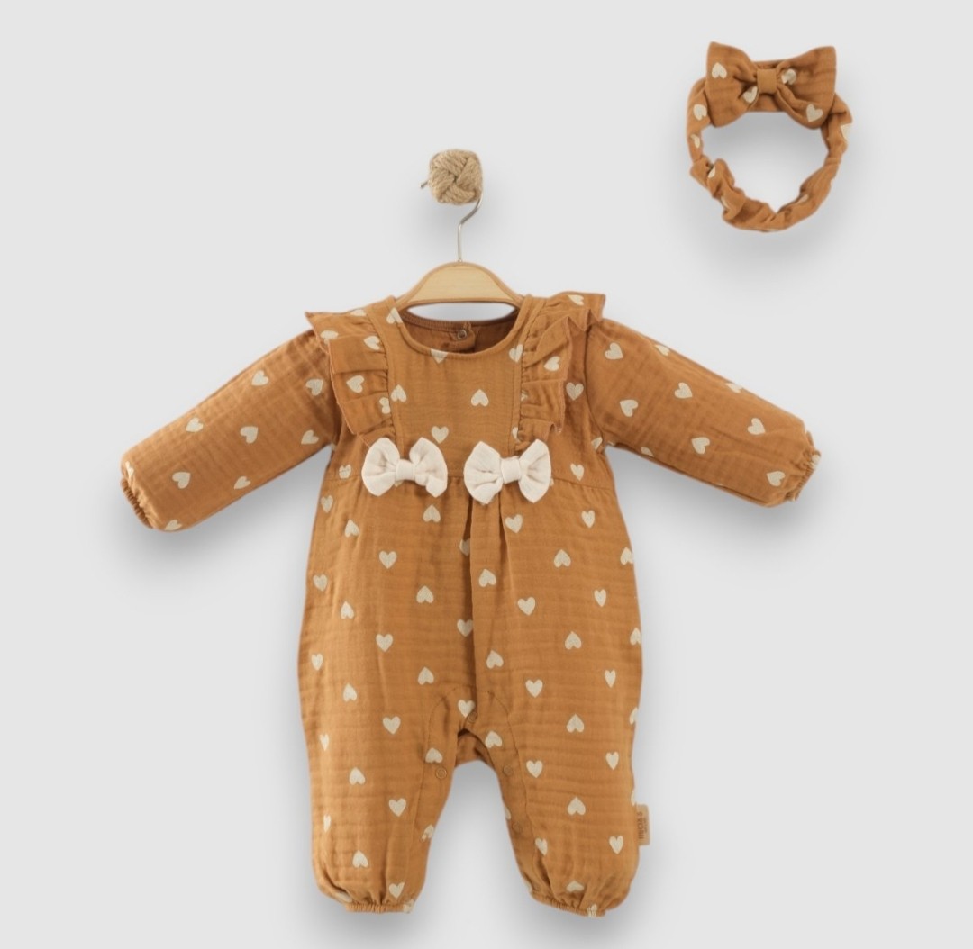 FİYONKLU BANDANALI KIZ BEBEK 3-6/6-9/9-13 AY MUSLİN TULUM 