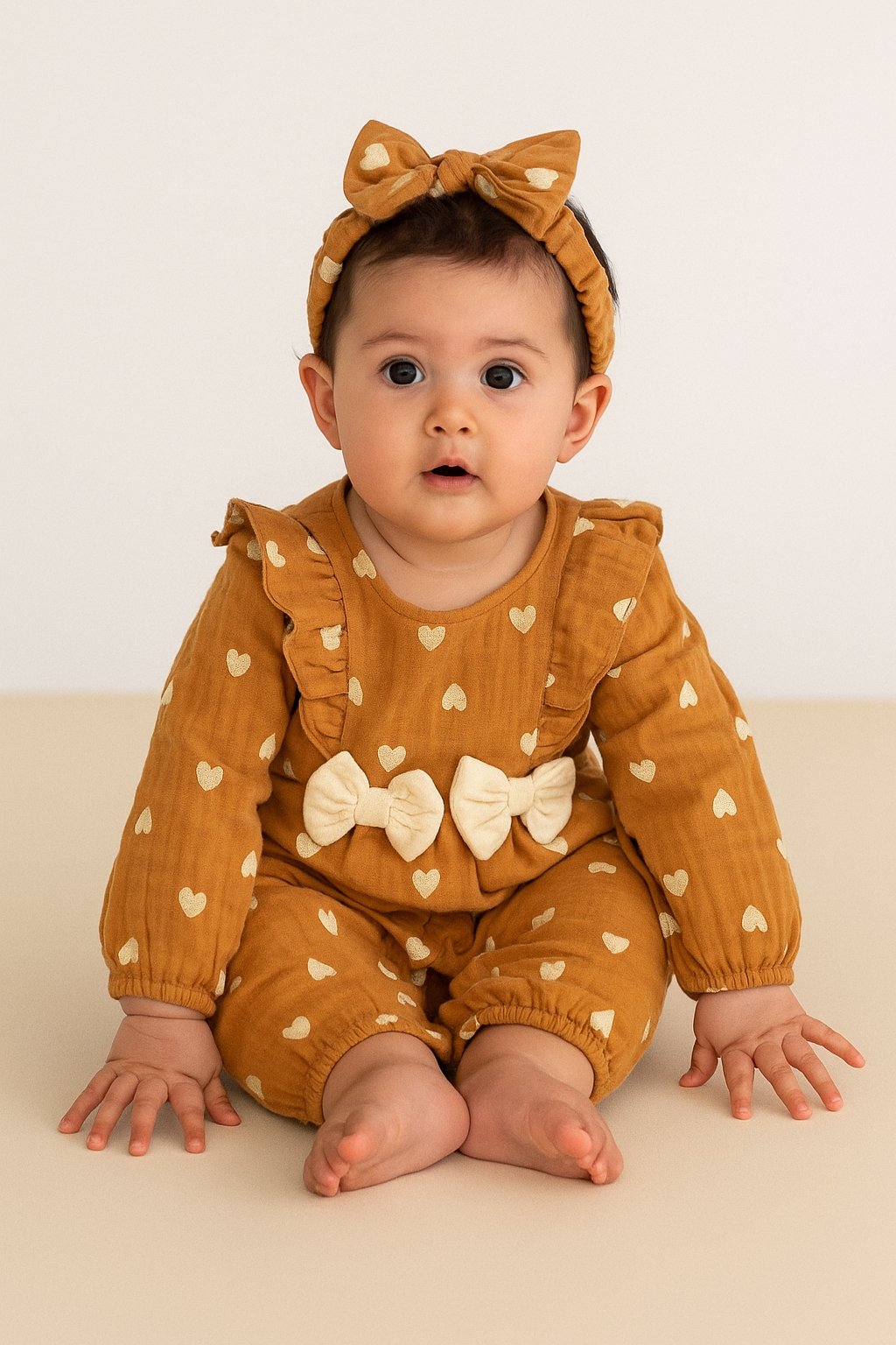 FİYONKLU BANDANALI KIZ BEBEK 3-6/6-9/9-13 AY MUSLİN TULUM 