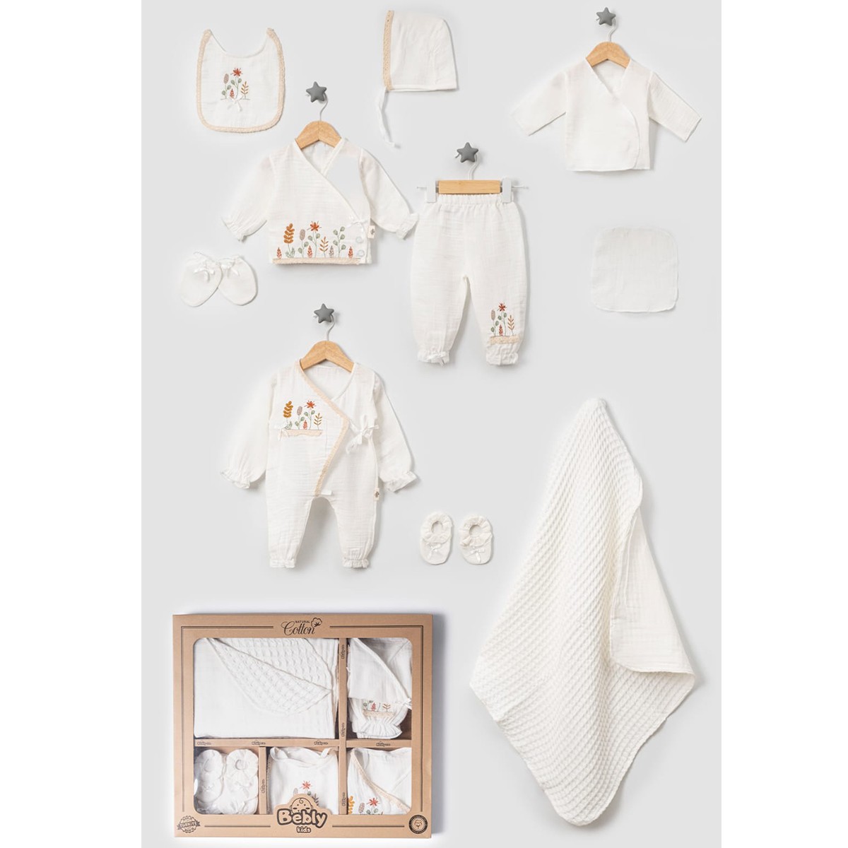 BEBLY KIDS KIZ 0-3 AY ÇİÇEK NAKIŞ MÜSLİN 10LU SET