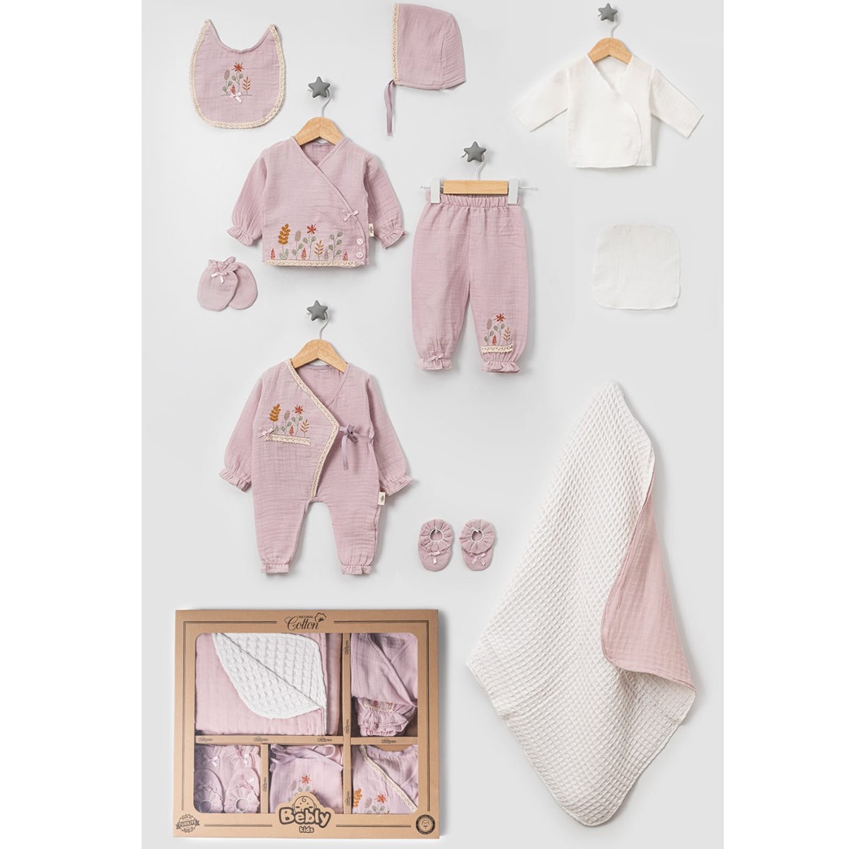 BEBLY KIDS KIZ 0-3 AY ÇİÇEK NAKIŞ MÜSLİN 10LU SET