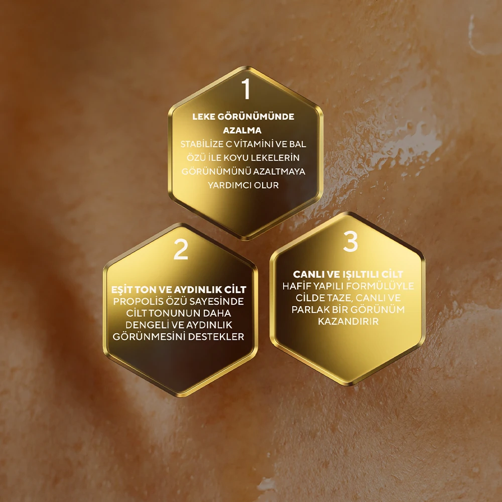 Aydınlatıcı Etki ve Eşit Cilt Görünümü Sağlayan Bal ve Propolis Özlü C Vitamini Serumu 30 ml