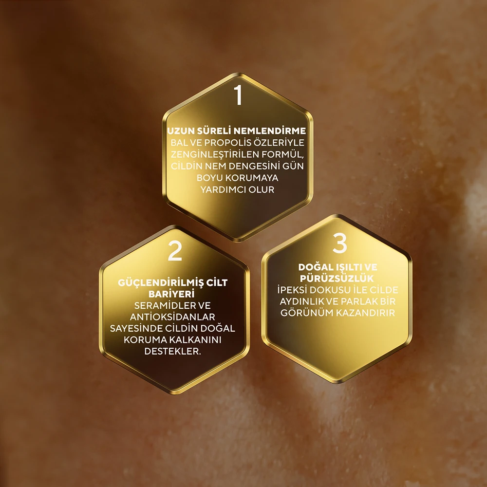 Yoğun Nemlendirme ve Aydınlatma Sağlayan Bal ve Propolis Özlü Su Bazlı Nemlendirici Yüz Kremi 50 ml