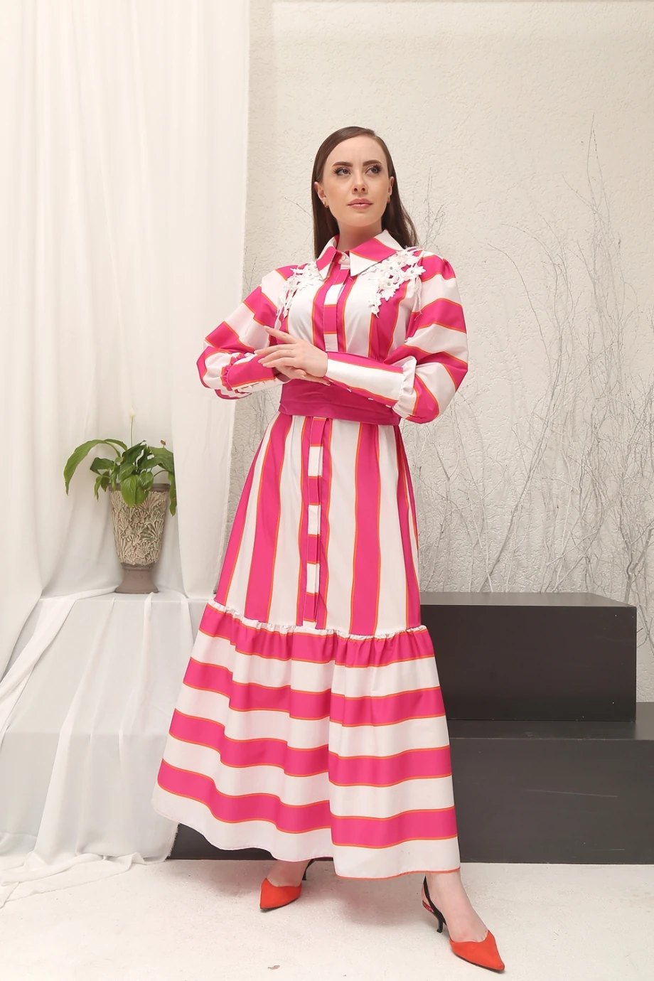 Moor Kadın Fuşya-Beyaz Omuz Detaylı Şeritli Gömlek Elbise