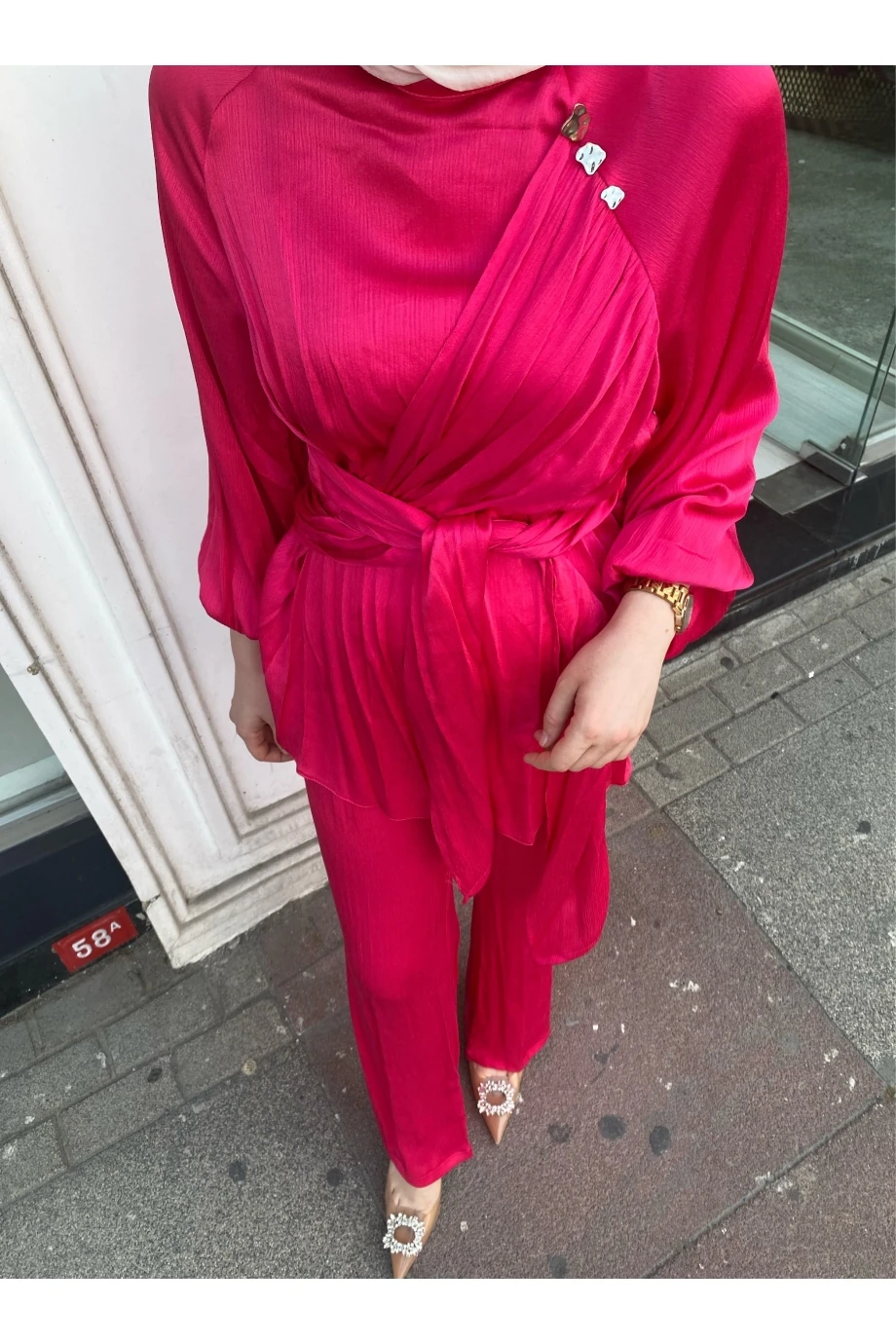Asimetrik Kumaşlı Fuşya Takım
