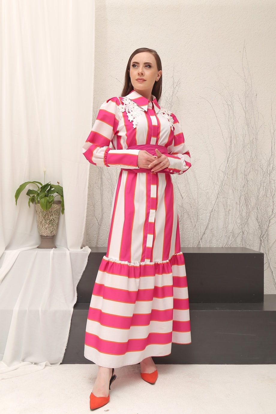 Moor Kadın Fuşya-Beyaz Omuz Detaylı Şeritli Gömlek Elbise