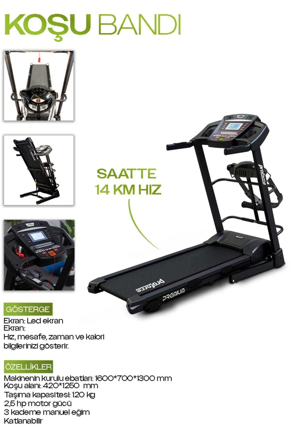 PREMIUM KOŞU BANDI 2,5 HP LED GÖSTERGE 0 - 14 km/s HIZ KOLAY KURULUM