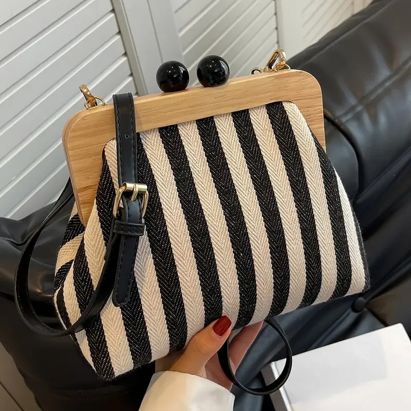 Vintage Striped Frame Clutch Bag - Chic Wooden Handle Crossbody Purse for Women