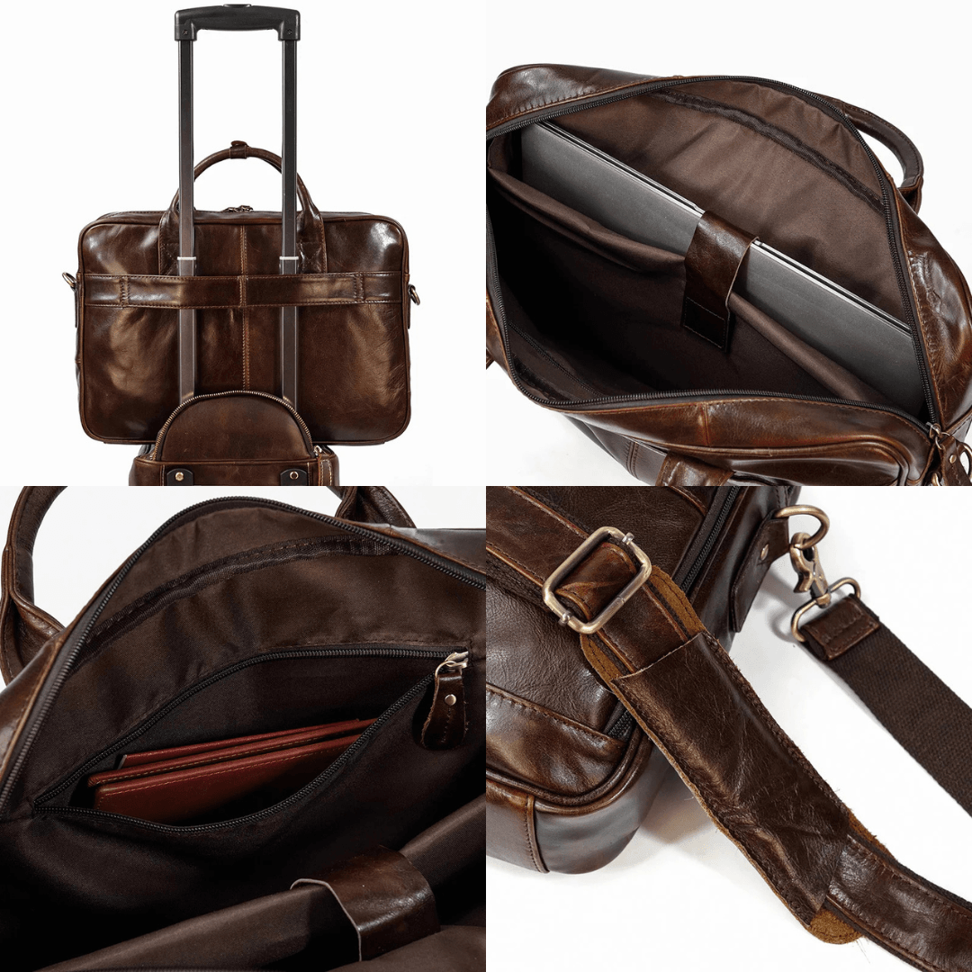 Retro Leather Laptop Briefcase Bag - Genuine Leather 15.6" Business Tote for Men in Dark Brown, Light Brown, and Black