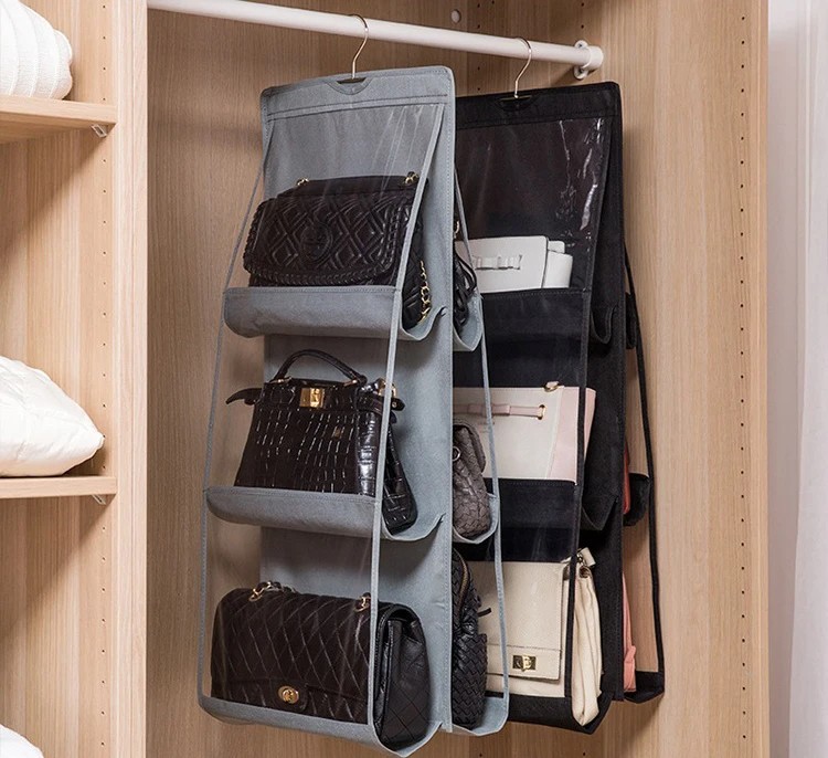 Hanging Handbag Organizer for Closet - Transparent 6-Grid Storage Bag with Rotating Hook (Available in Gray and Black)