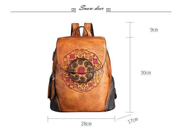 Retro Leather Embossed Vintage Backpack for Women – Genuine Handmade Designer Bag | Large Capacity, Unique Style – Available on HappyNear.com