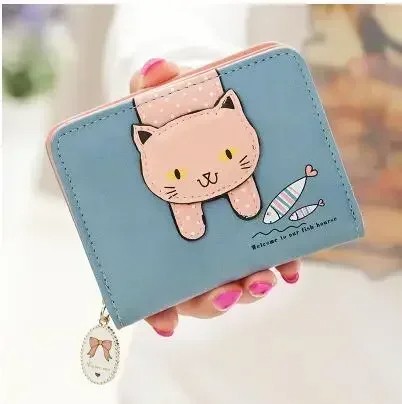 Women’s Adorable Cat Wallet with Zipper Closure – Compact PU Leather Coin Purse and Card Holder – Available in Black, Blue, Green, Pink, and Rose