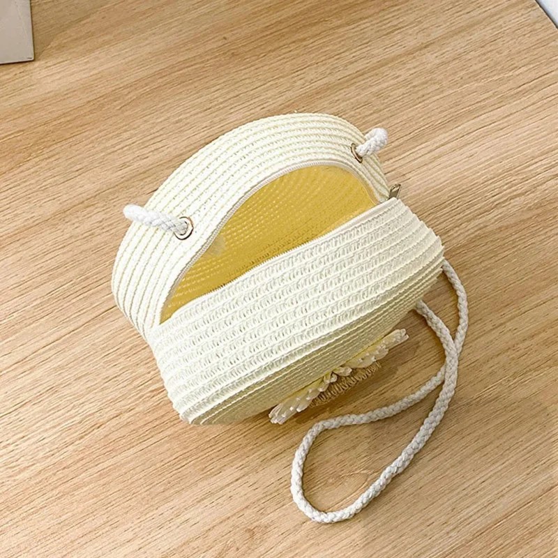 Boho Flower Circle Straw Crossbody Bag - Vintage Mini Shoulder Bag for Women, Ideal for Beach and Everyday Style - Available in White, Beige, and Brown