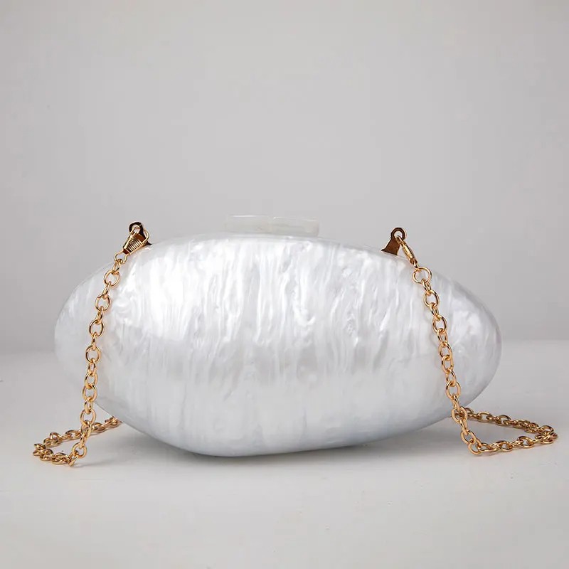 Luxury Pearl Acrylic Clutch – Designer Shell-Shaped Evening Bag with Chain Strap for Women