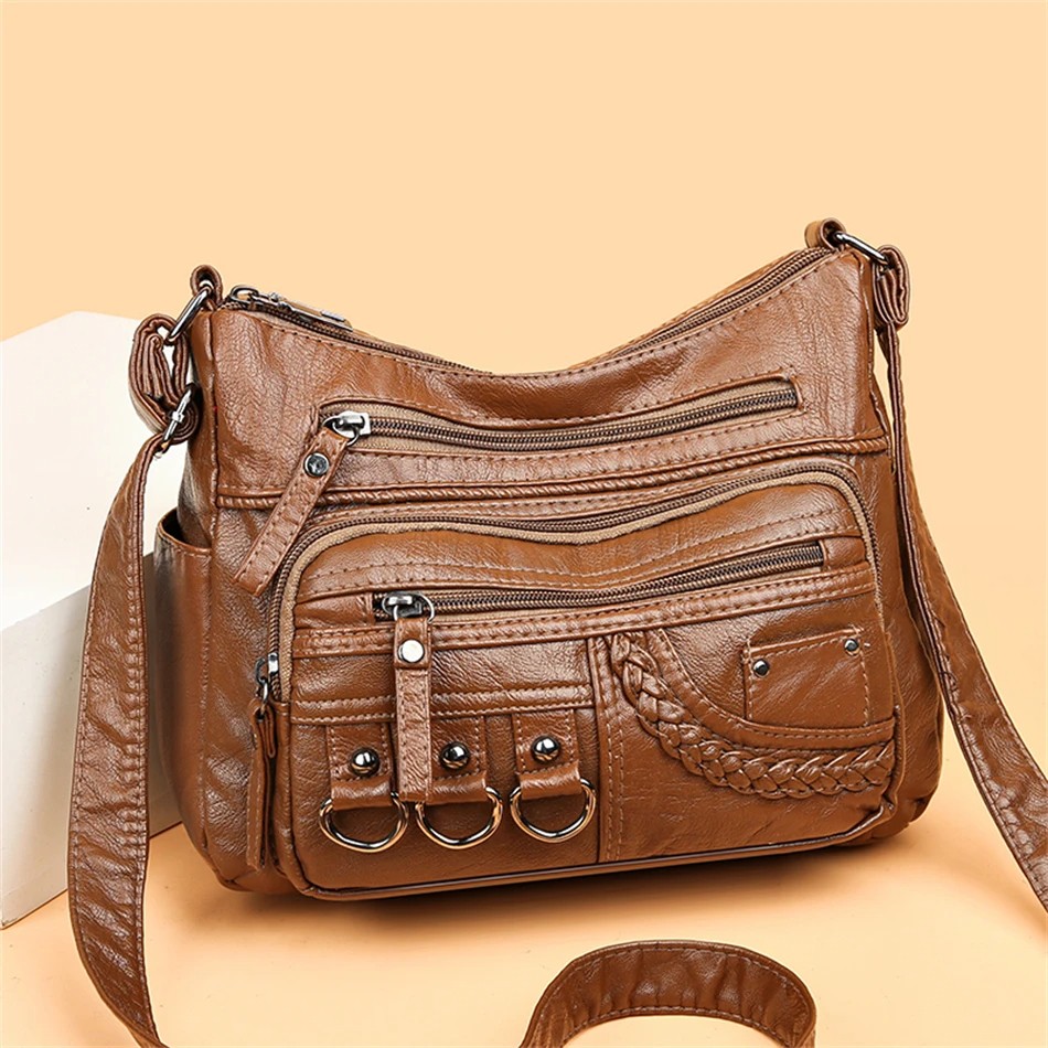 Vintage PU Leather Multi-Pocket Crossbody Shoulder Bag for Women – Stylish & Functional Design (Available in Brown, Black, Red, and Blue)