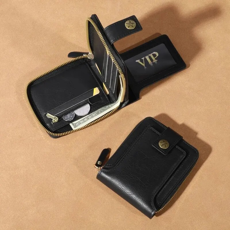Men’s Compact PU Leather Zipper Wallet – Multi-Card Holder with Coin Pocket in Black, Coffee, and Brown