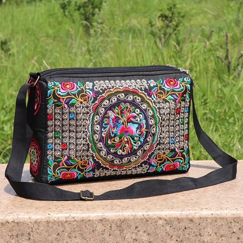 Women's Embroidered Flowers Nylon Crossbody Bag - Stylish Large Capacity Travel Shoulder Bag in Multicolor Flower