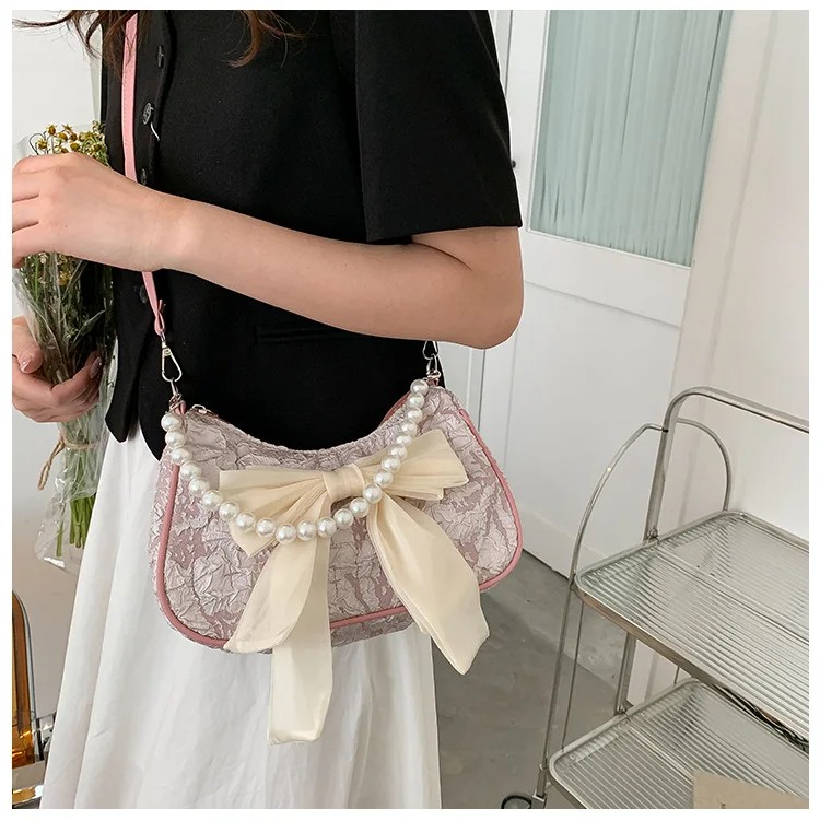 Retro Luxury Pearl Bow Handbag - Designer Crossbody Canvas Shoulder Bag for Women Trend Handbag