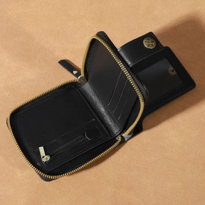 Men’s Compact PU Leather Zipper Wallet – Multi-Card Holder with Coin Pocket in Black, Coffee, and Brown