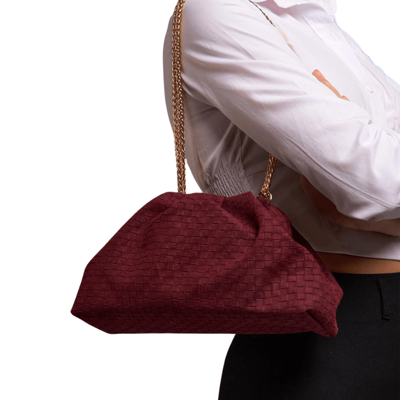 Trabzon Woven Suede Chain Shoulder Bag – Burgundy Vegan Leather by HappyNear Exclusive