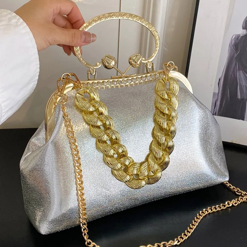 Luxury Leather Women's Bag with Gold Chain - Designer Clutch Bag with PU Leather Shell Clasp for Women