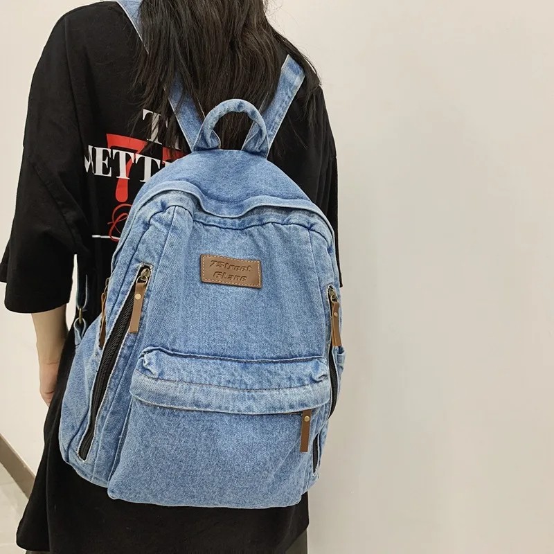 Trendy Denim School Backpack for Women – Large Capacity, Multi-Pocket Student Rucksack