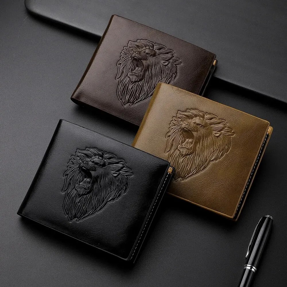 Men's Embossed 3D Lion PU Leather Tri-Fold Wallet – Multi-Card Holder with Zipper Pocket in Black, Brown, and Dark Brown