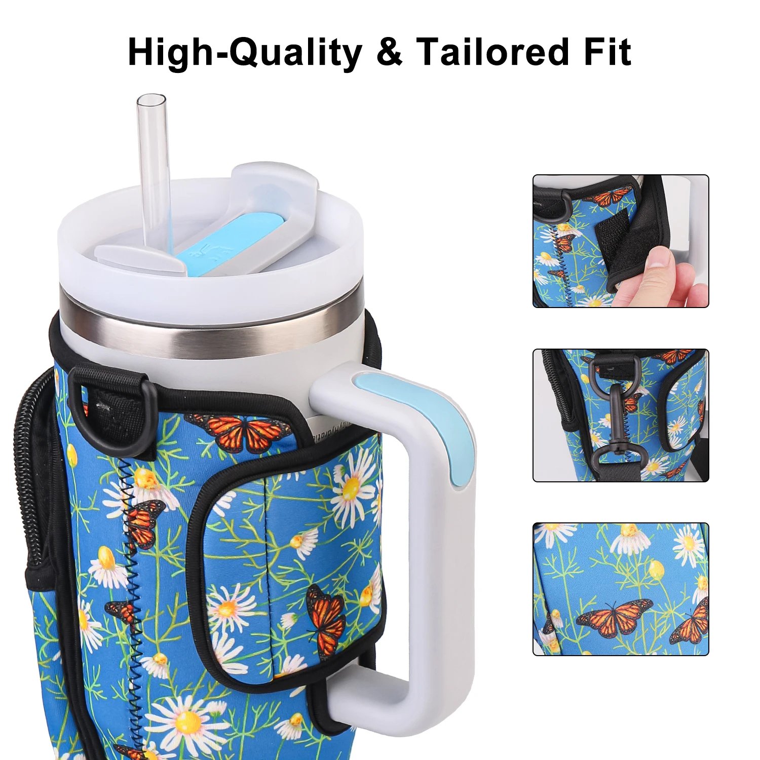 Adjustable Water Bottle Carrier Bag with Keychain and Storage – Multipurpose Neoprene Sleeve for 40oz Tumblers (8 Colors Available)