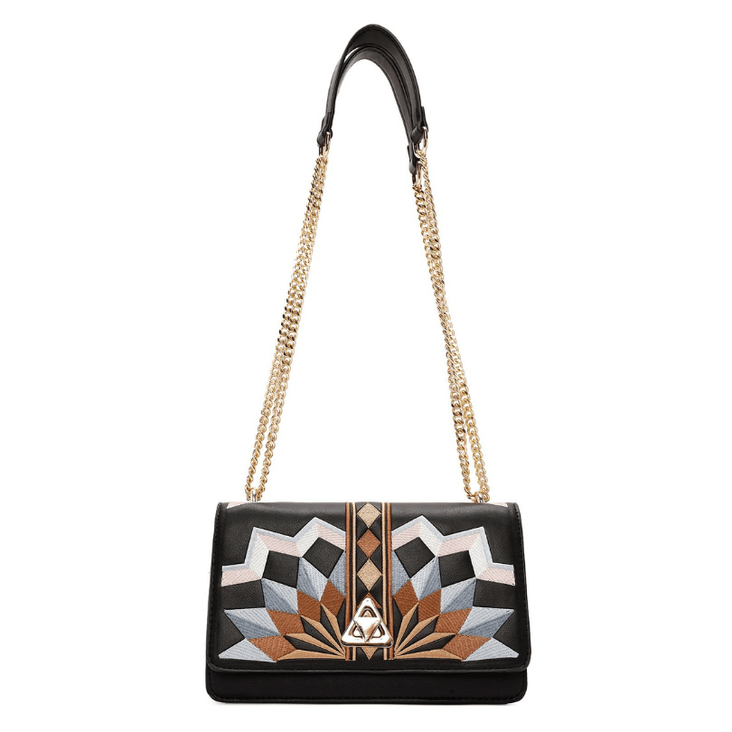 Fethiye Luxe Shoulder Bag – Designer Embroidered Vegan Leather Handbag in Black by HappyNear Exclusive