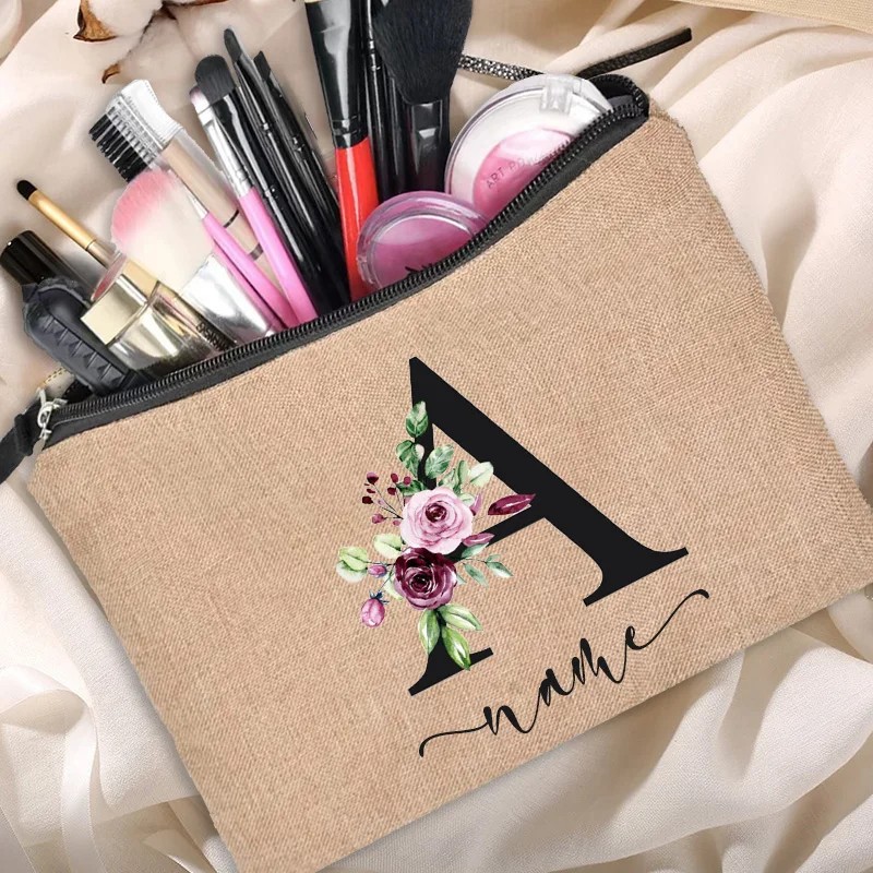 Personalized Linen Makeup Bag - Custom Name Bridesmaid Clutch, Travel Cosmetic Pouch, Bachelor Party Gift