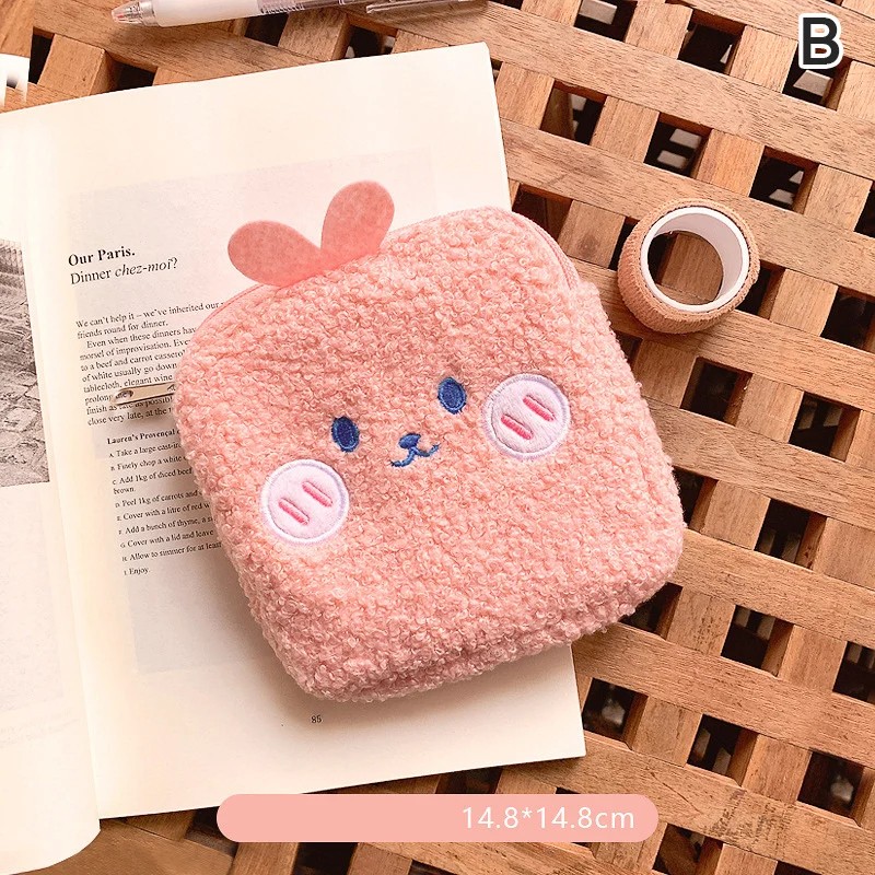 Cute Plush Sanitary Pad Storage Bag - Multi-Functional Portable Makeup Pouch with Adorable Embroidery