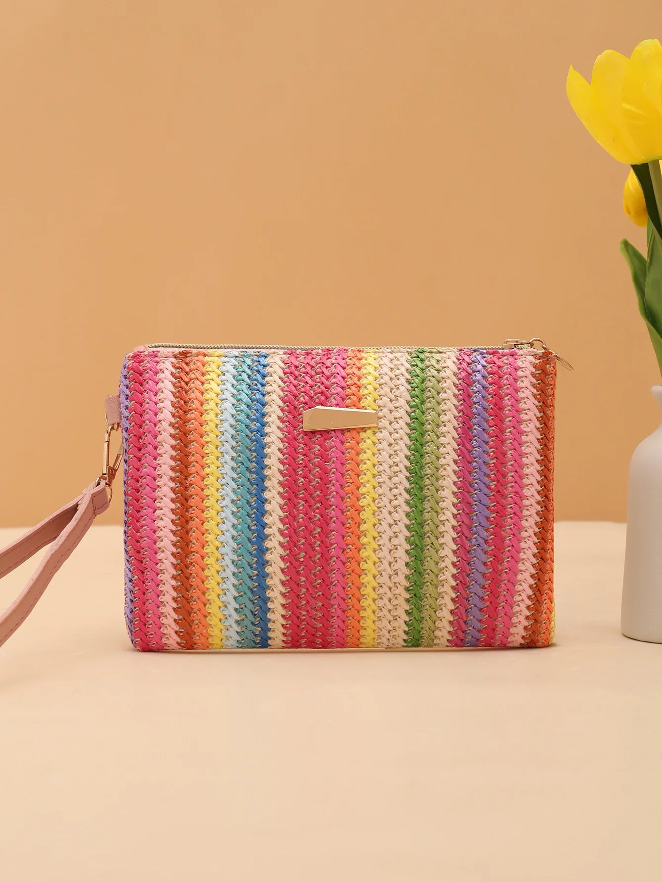 Colorful Summer Straw Clutch Bag | Handwoven Rattan Wristlet Purse for Women | Lightweight Woven Beach Bag